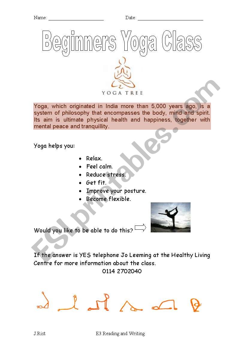 Beginners Yoga Class worksheet