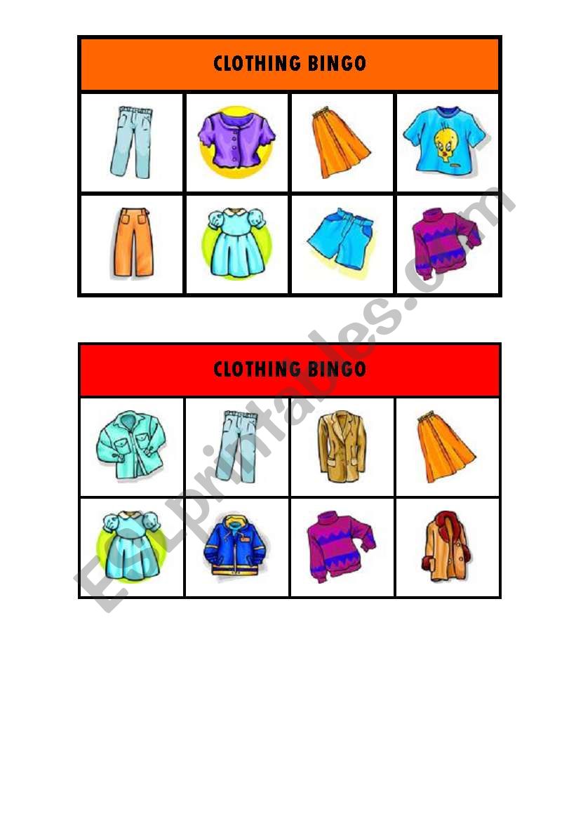 Clothing bingo worksheet