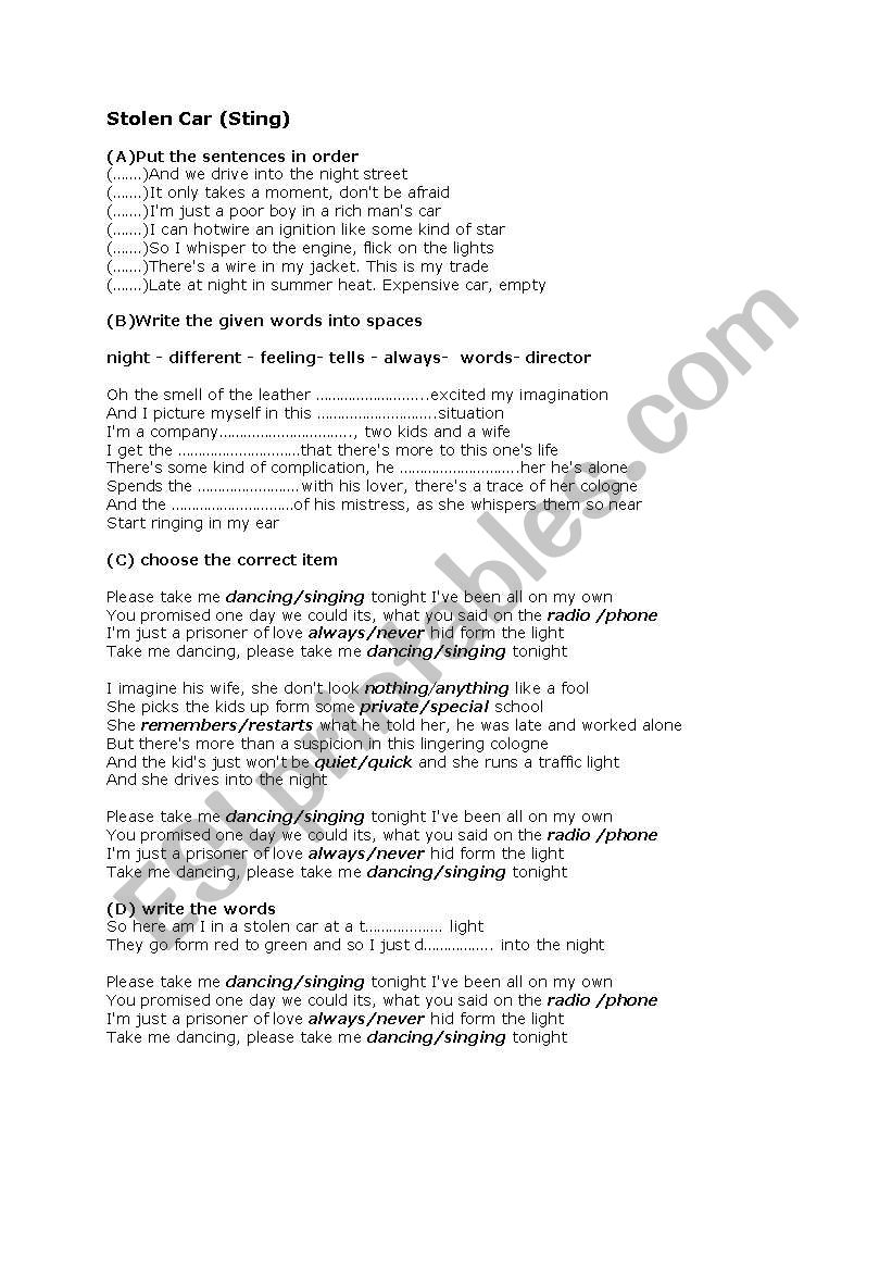 Stolen car lyric by Sting worksheet
