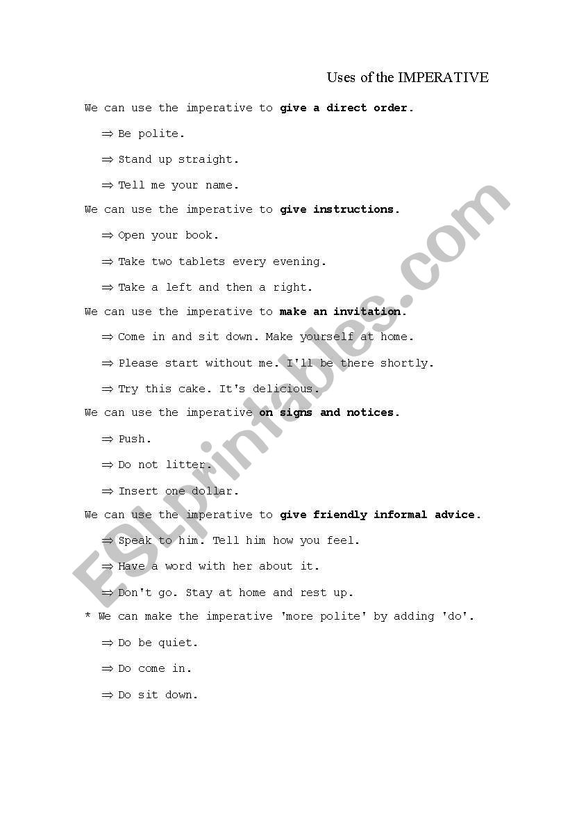 uses of the imperative worksheet