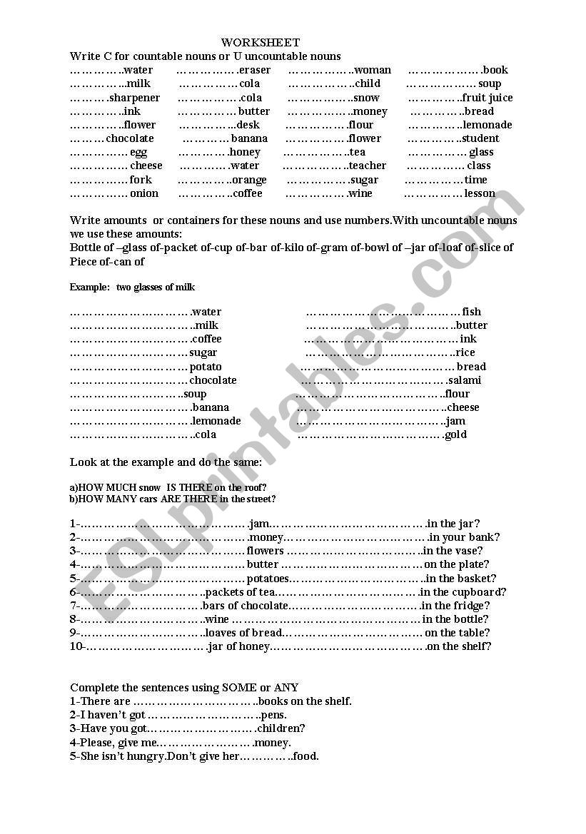 countable -uncountable worksheet