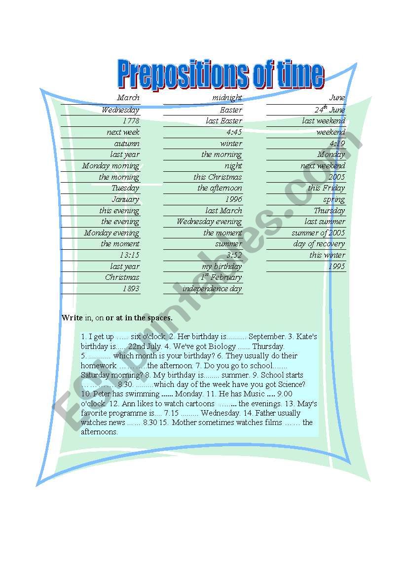 Prepositions of time worksheet