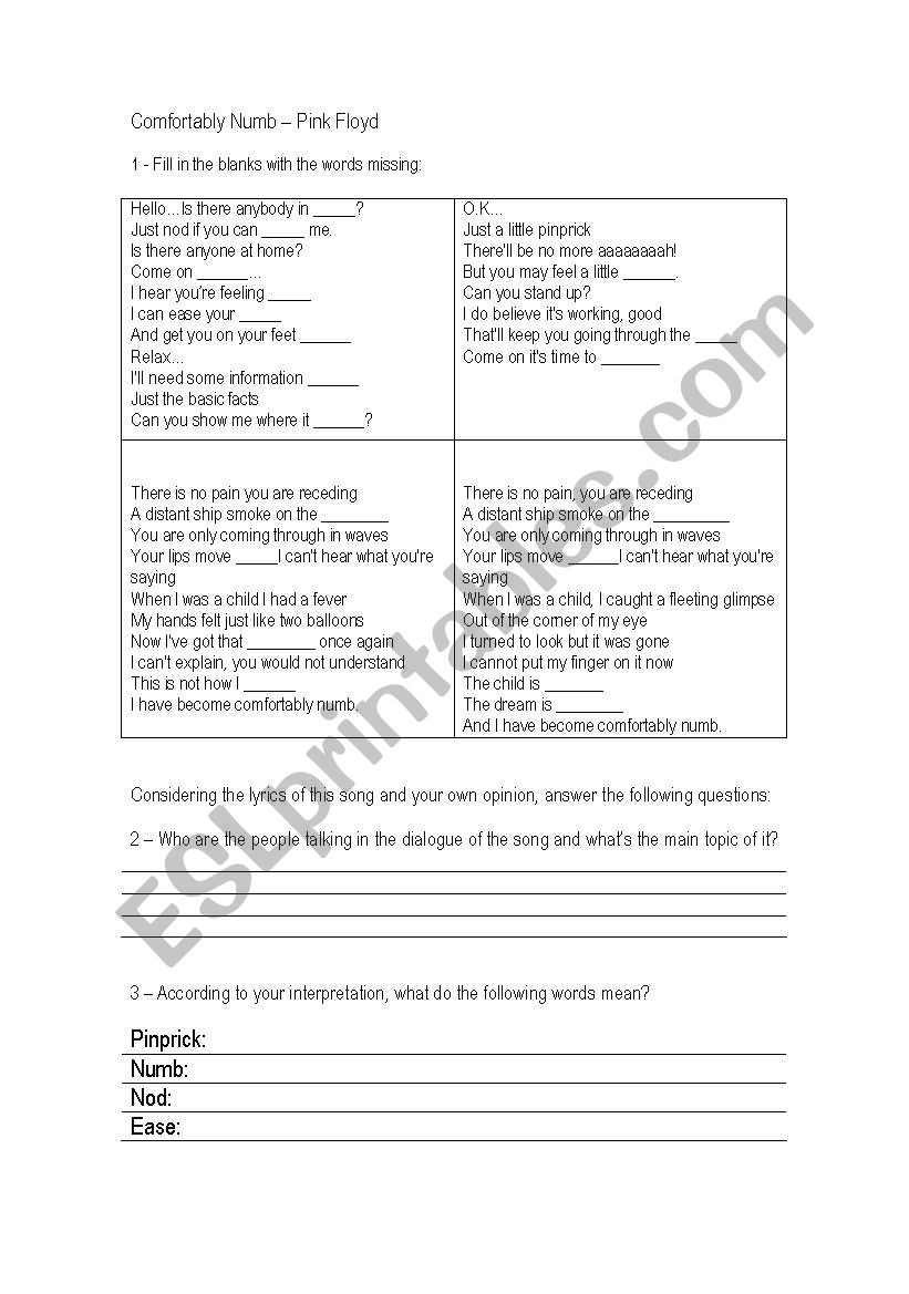 Song - Pink Floyd worksheet