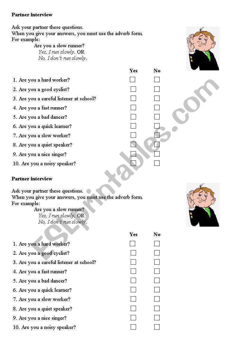 Adverbs: Pairwork worksheet  worksheet