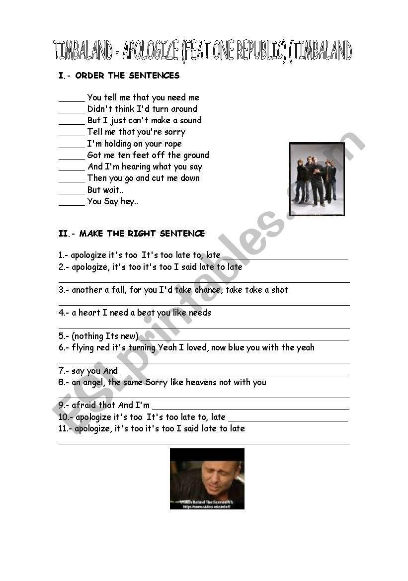 Apologize by Timbaland worksheet