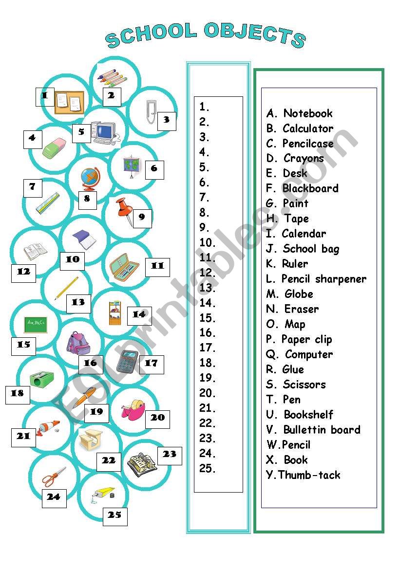 school objects worksheet