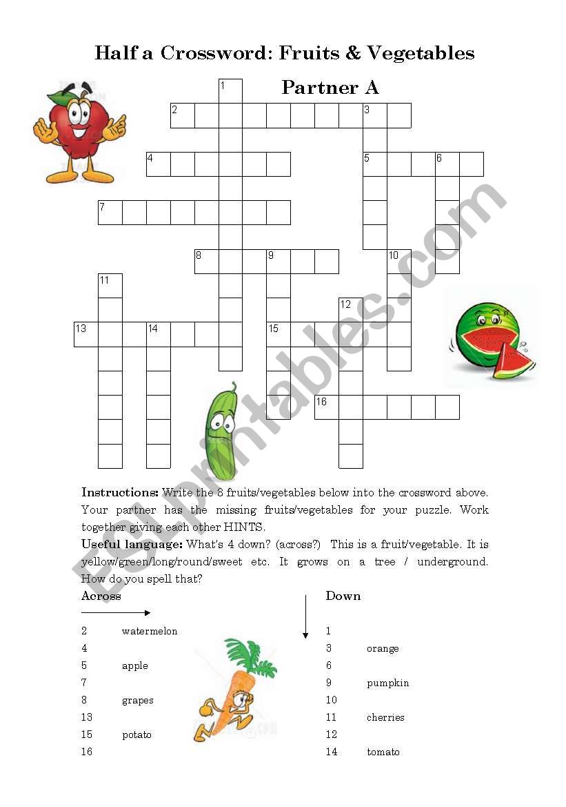 Half a Crossword: Fruits & Vegetables (Pairwork)