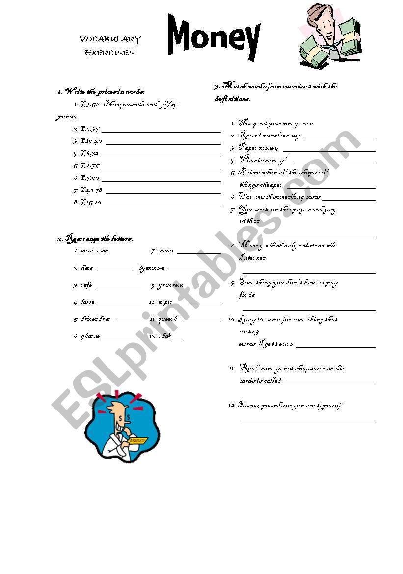 money vocabulary exercises esl worksheet by carlaalves