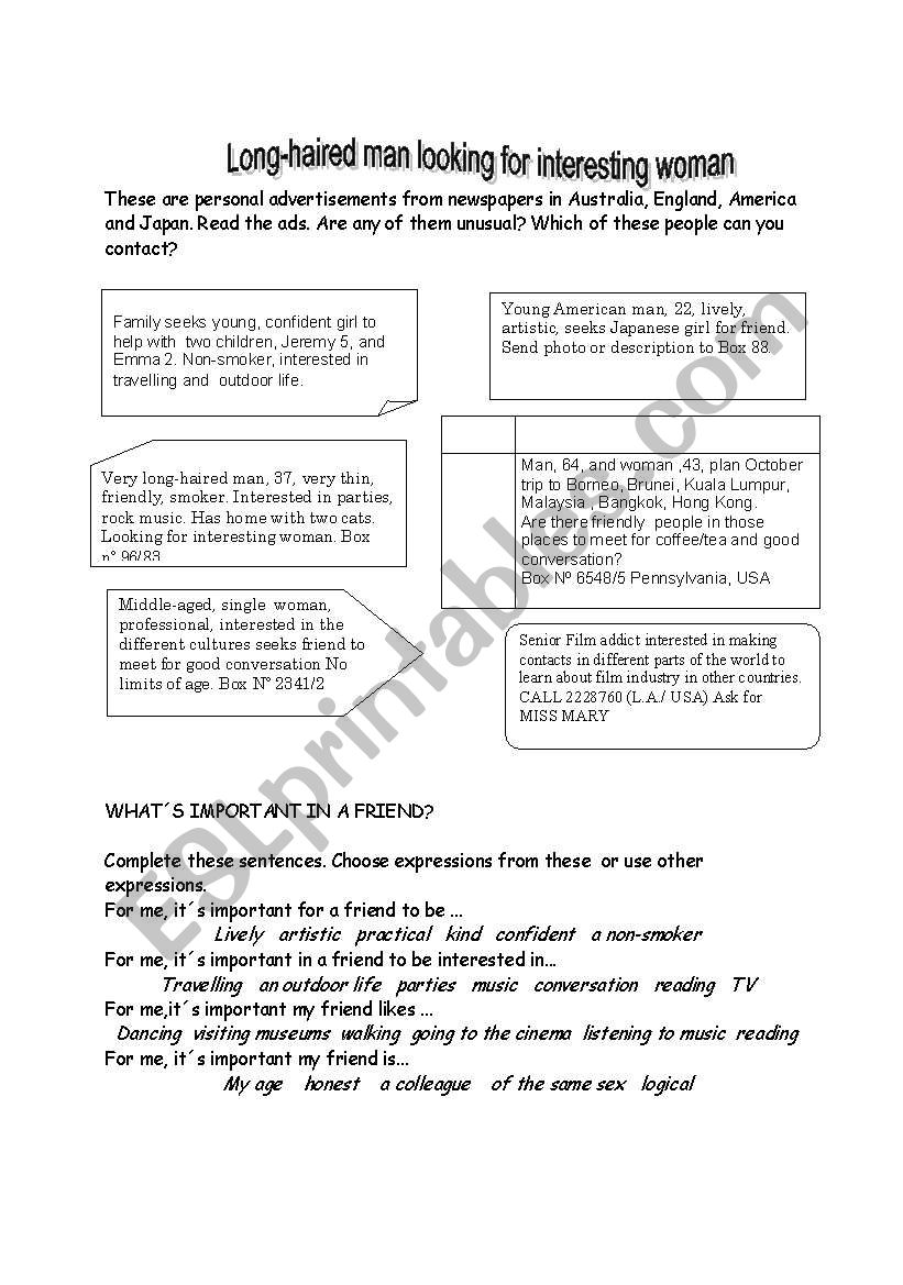 DESCRIPTION OF PEOPLE worksheet