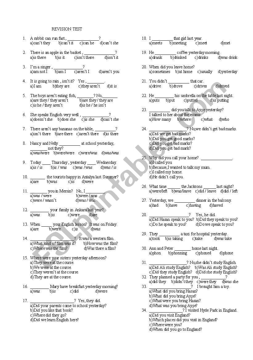 revision test worksheet