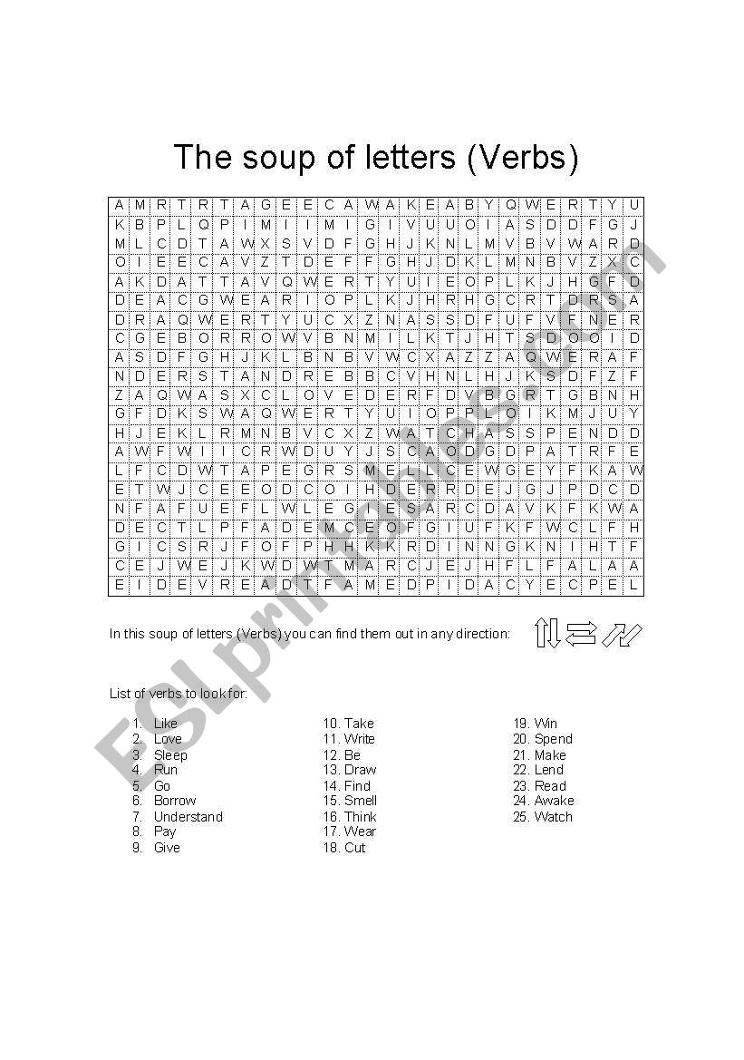 (Verbs) Soup of letters worksheet