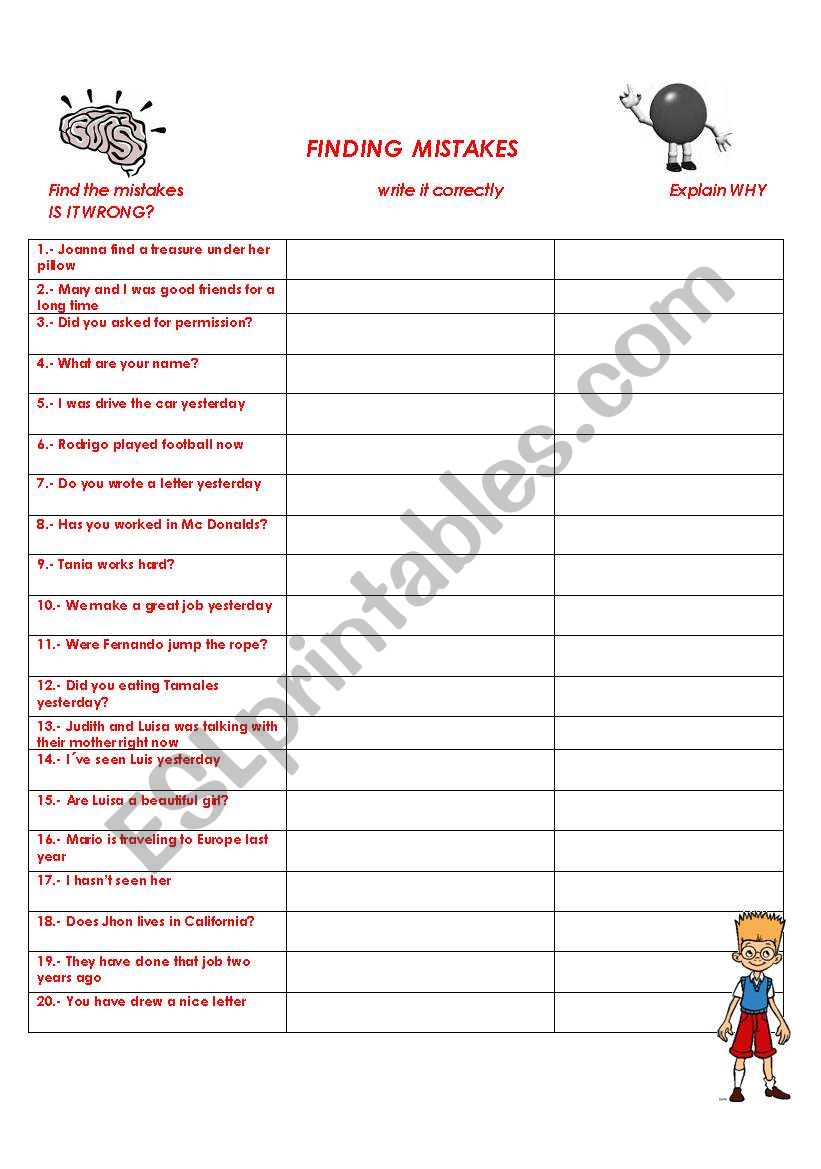 FINDING MISTAKES (SIMPLE PRESENT, PAST, PRESENT PERFECT, PAST CONTINUOUS