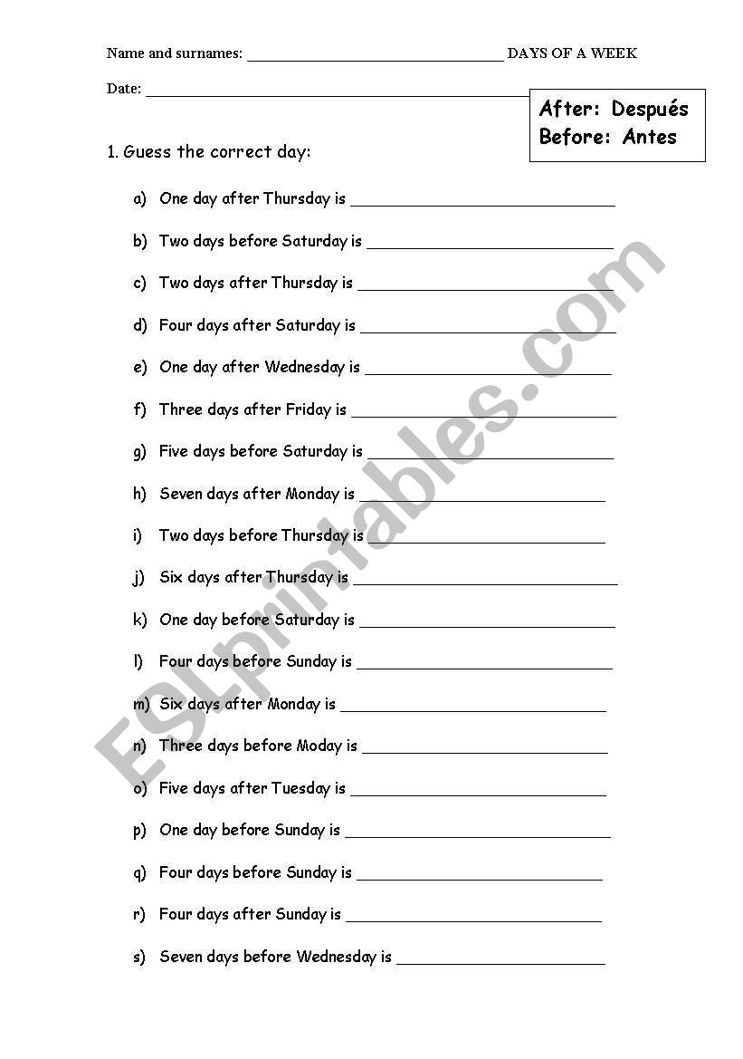 PRACTICE DAYS OF A WEEK worksheet