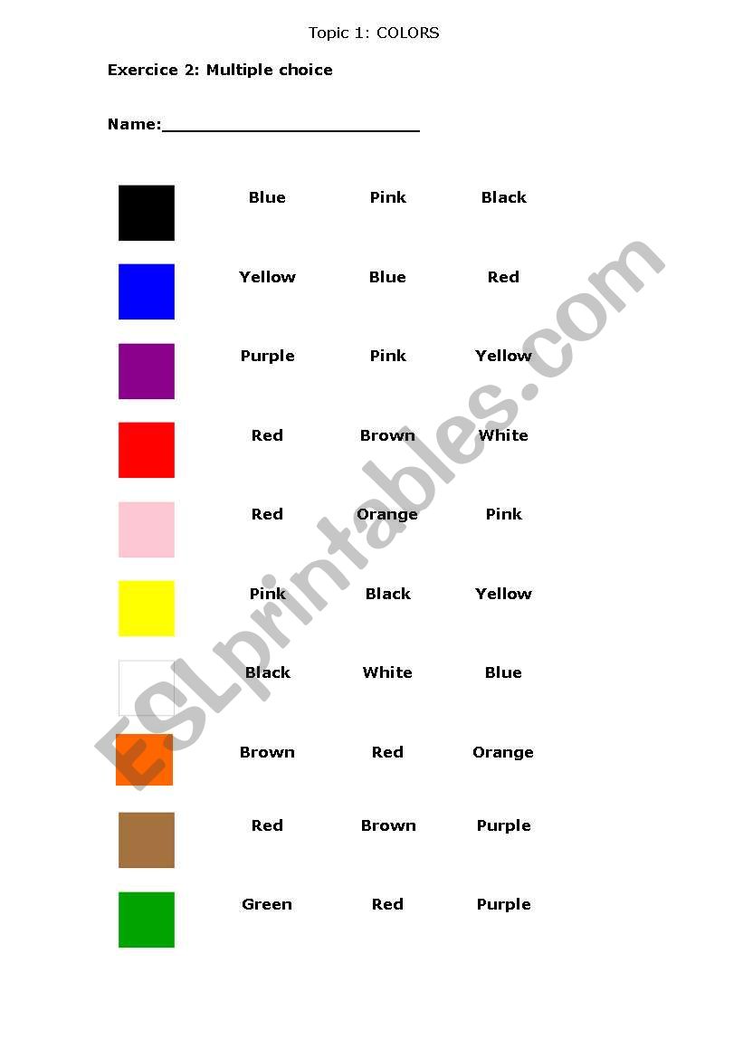 colors: multiple choice worksheet