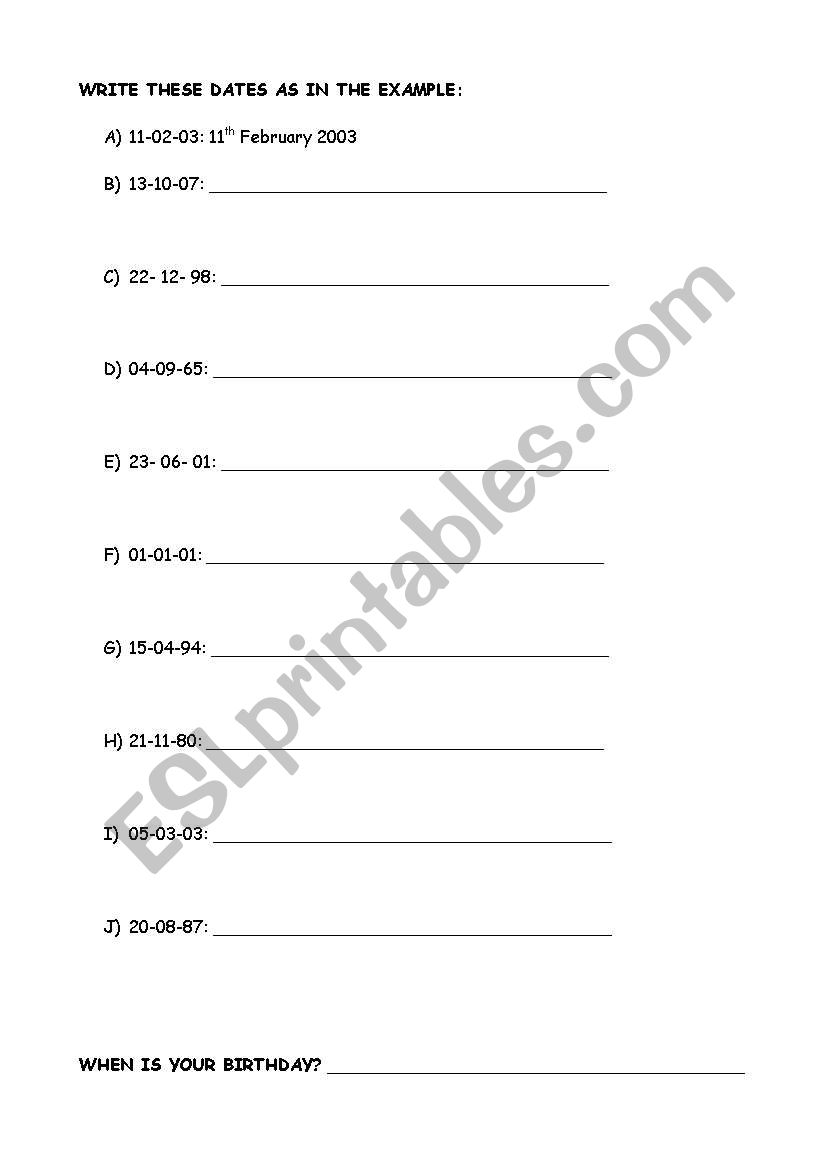 WRITE THE DATES AND PRACTICE ORDINAL NUMBERS AND MONTHS