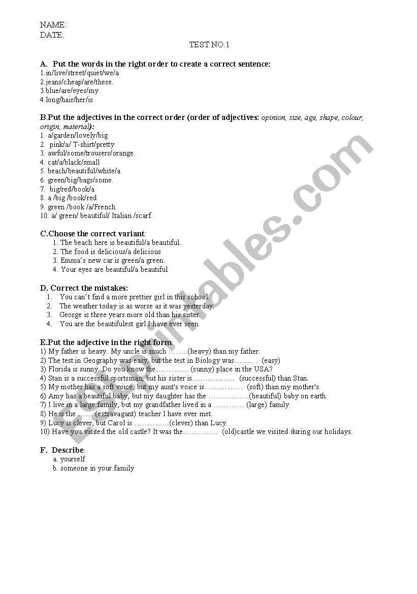 test-adjectives worksheet