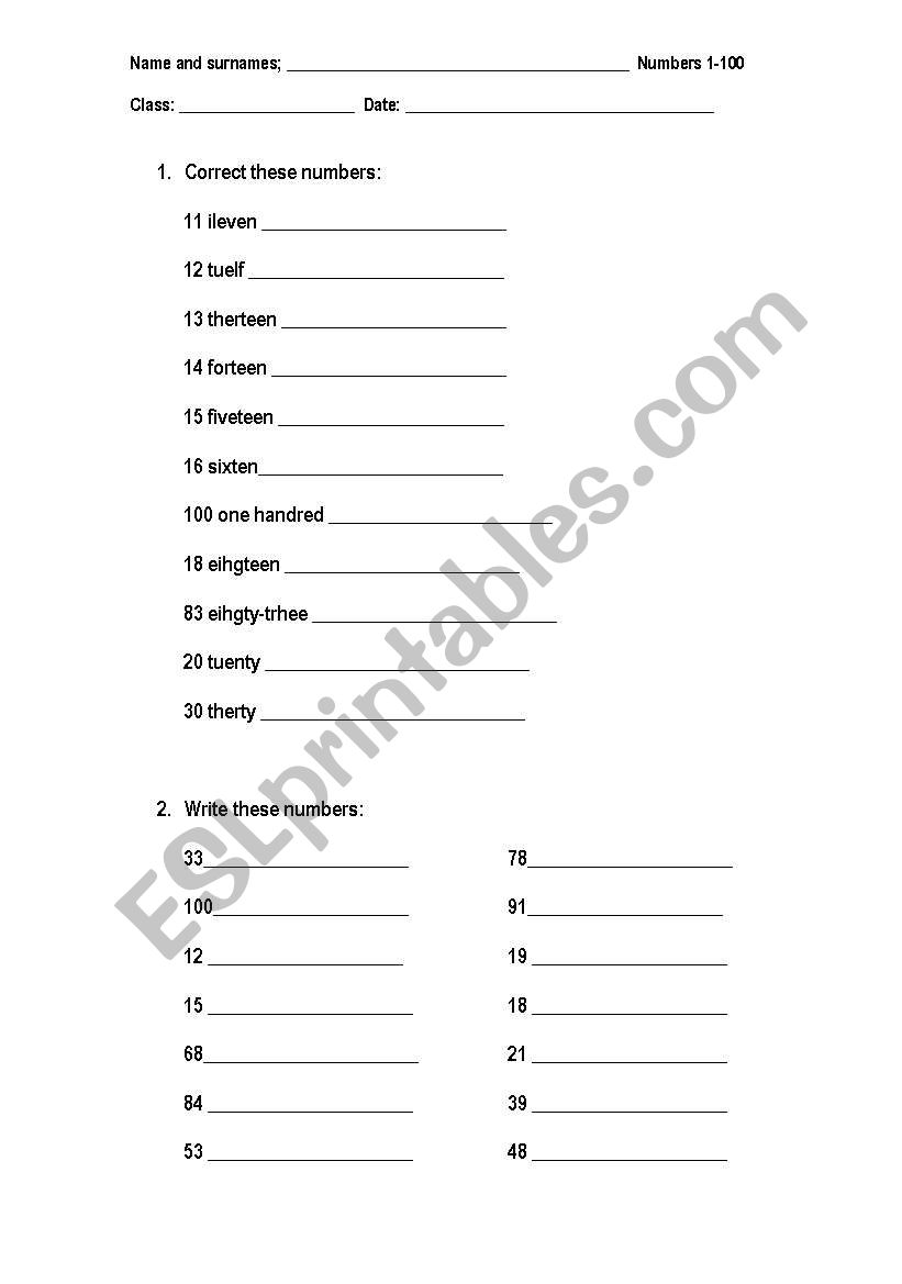 NUMBERS 1-100 worksheet