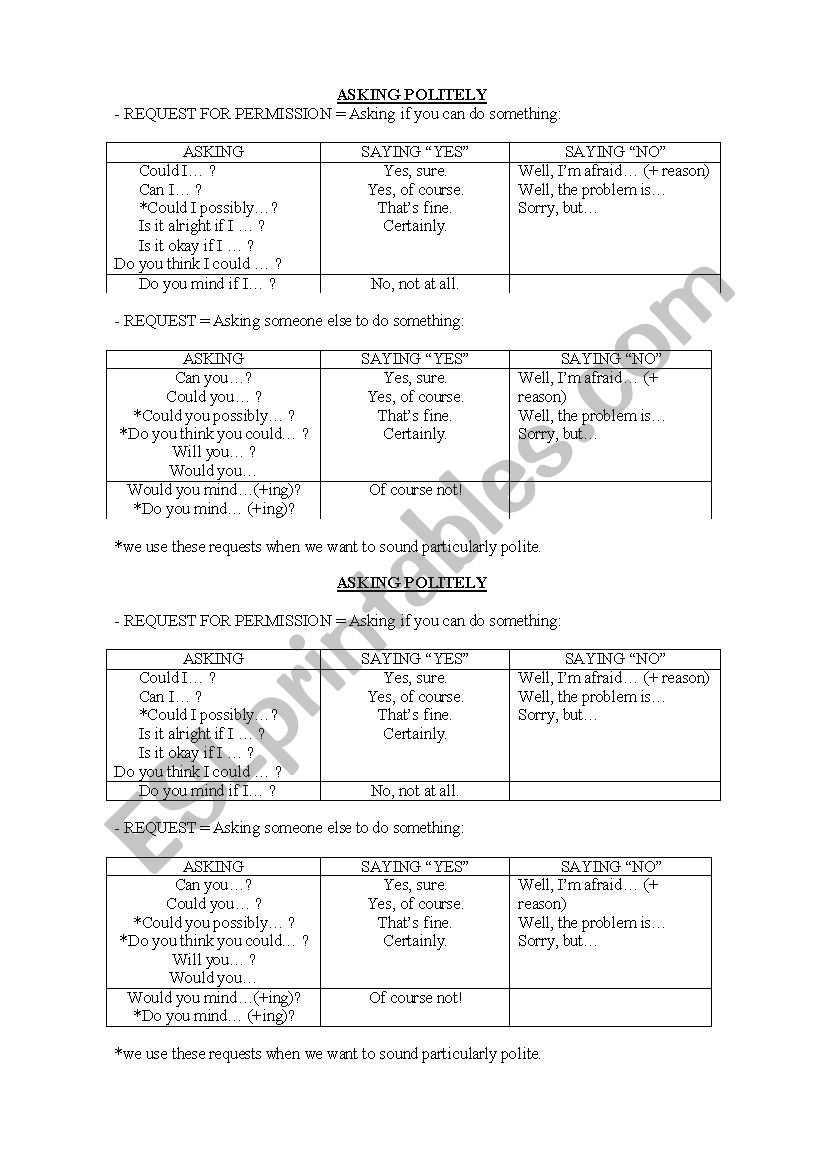 ASKING POLITELY worksheet