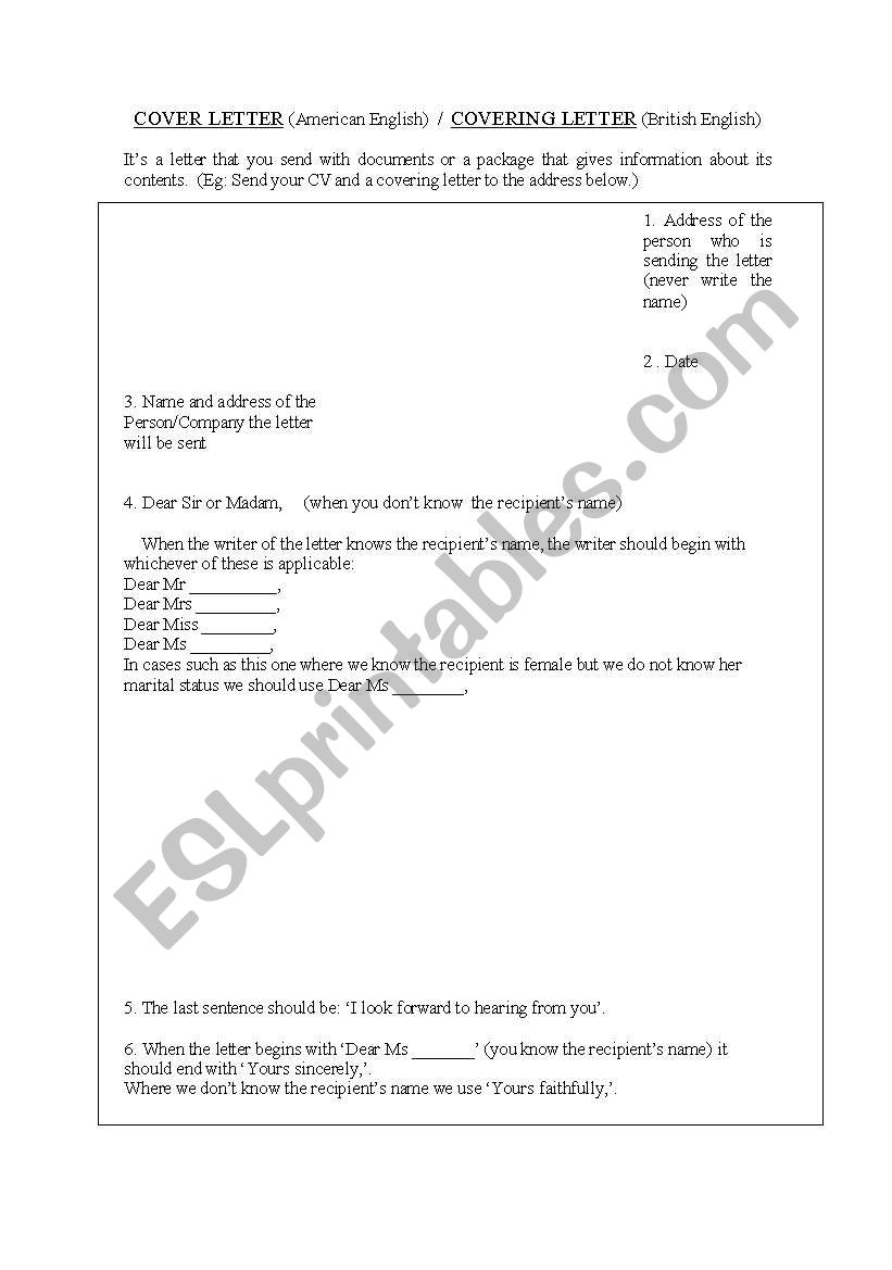 cover letter vocabulary worksheet