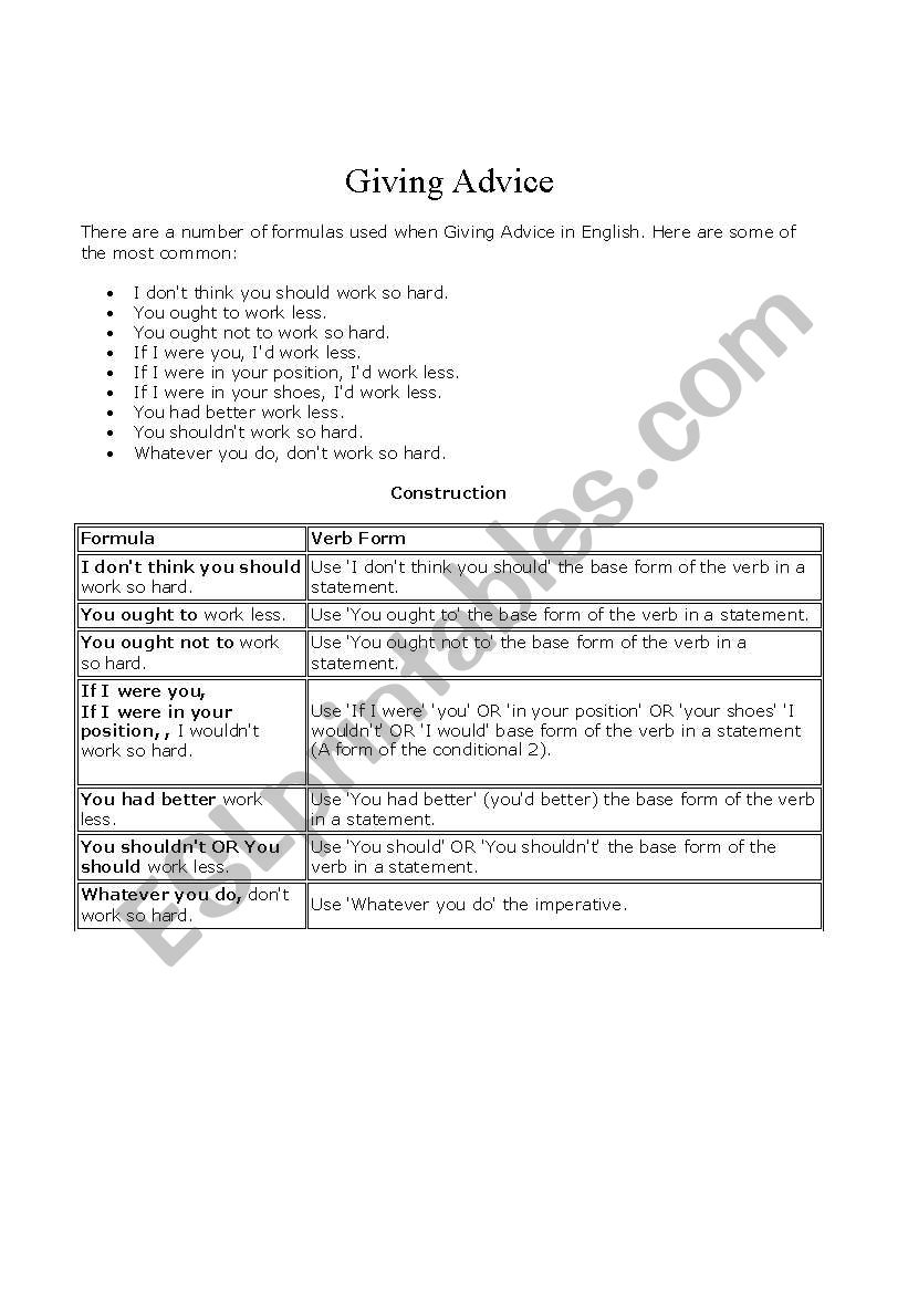 Giving advice worksheet