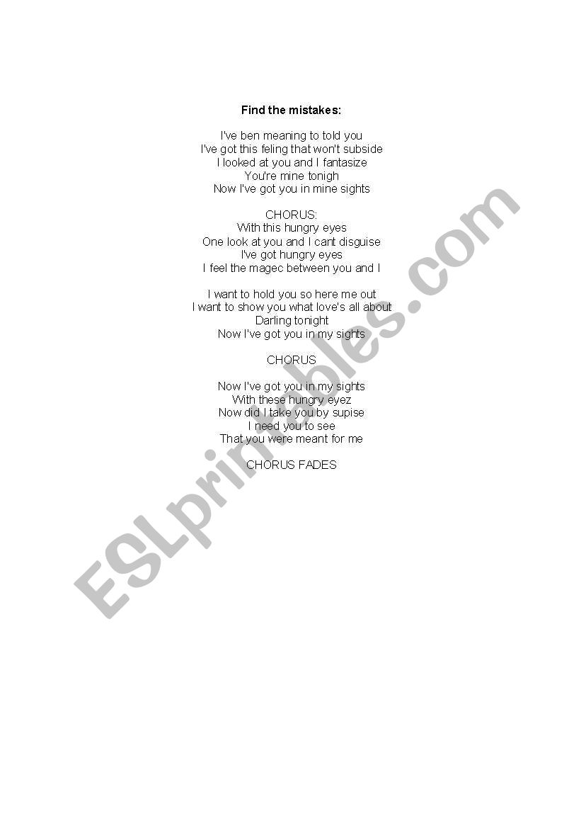 hungry eyes song lyrics with excercises