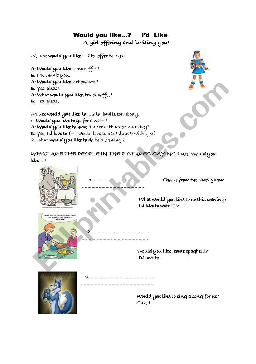  would you like ...? would you like to...? IÂ´d like/love to....