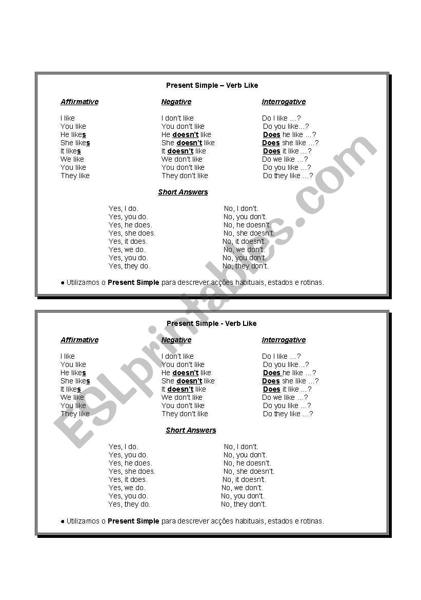 Verb like present simple worksheet