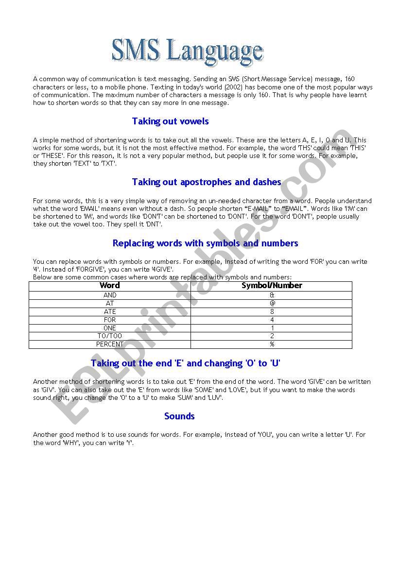 SMS Language worksheet