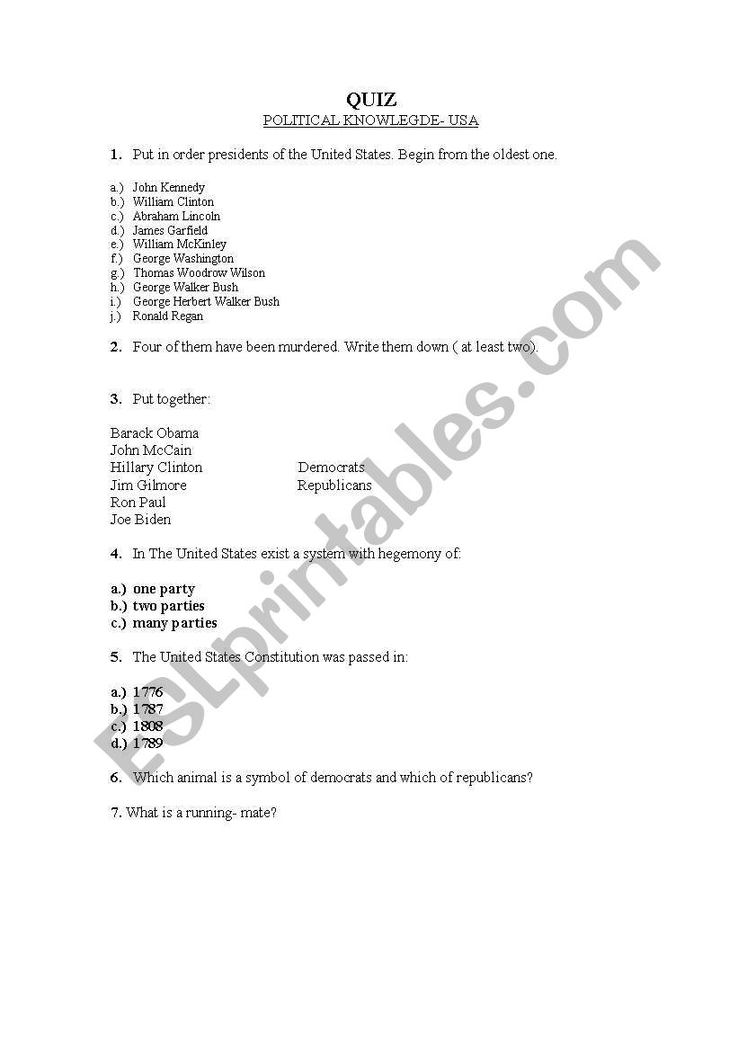 Political knowledge about USA worksheet
