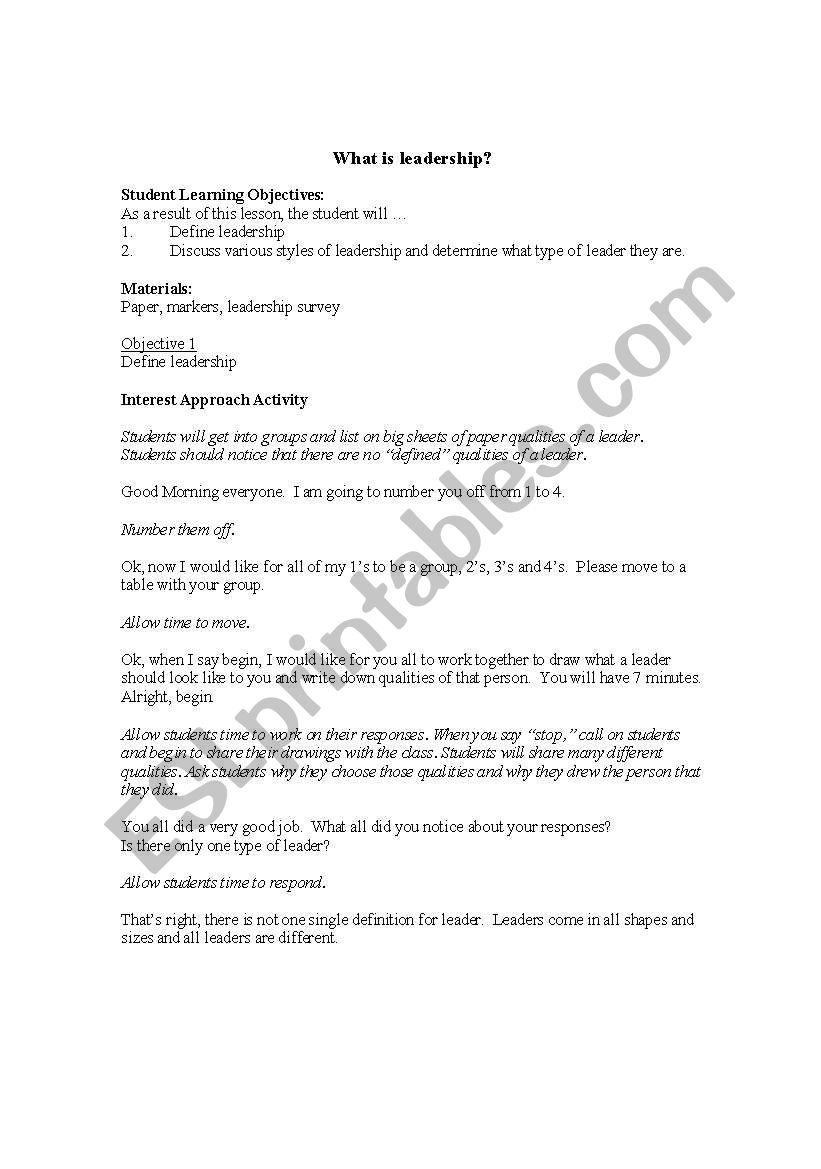 English Worksheets What Is Leadership