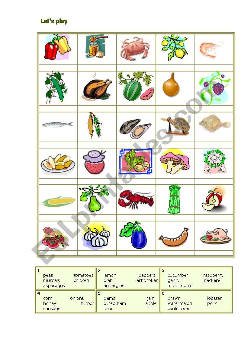 Food board game worksheet