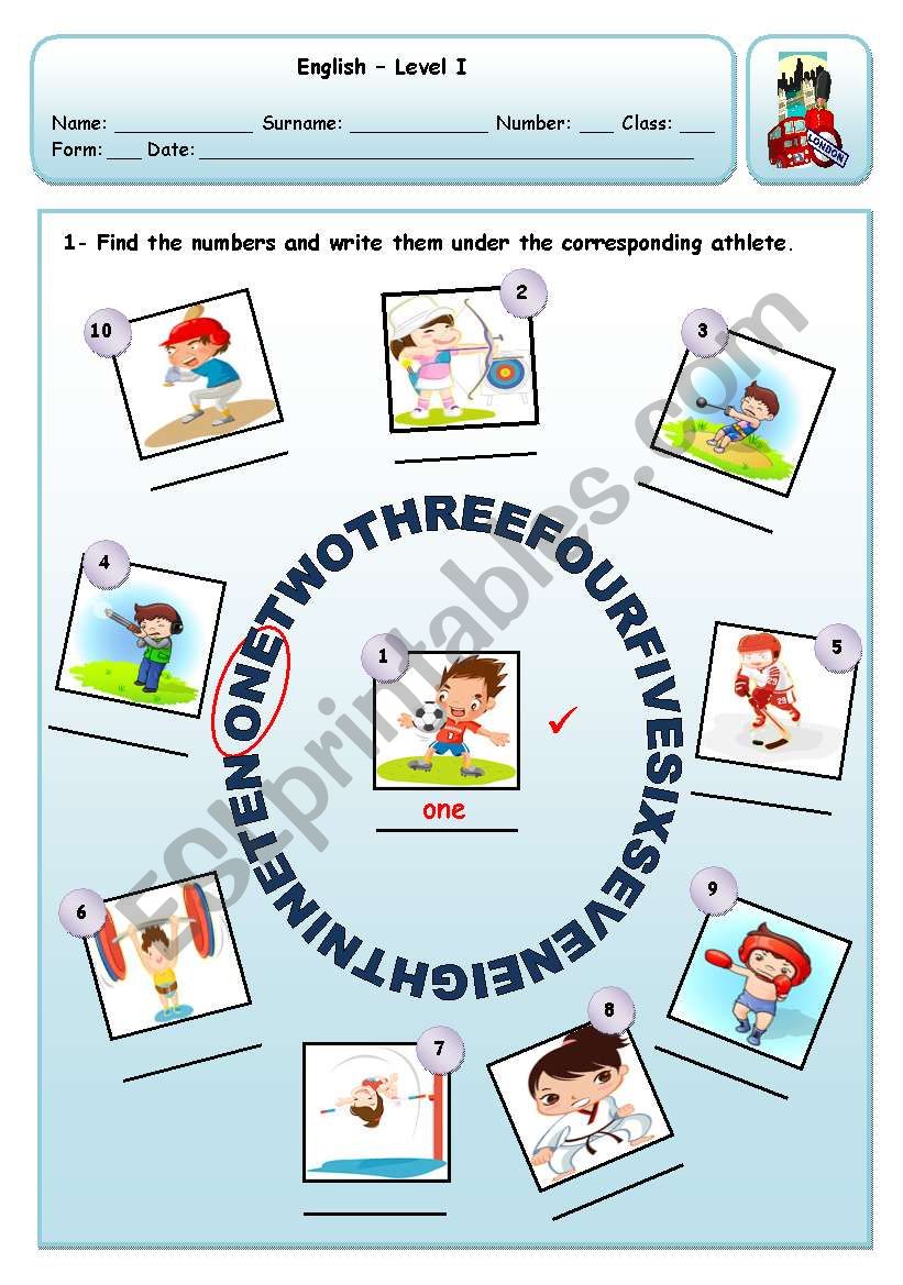 CARDINAL NUMBERS - 1 TO 10 worksheet