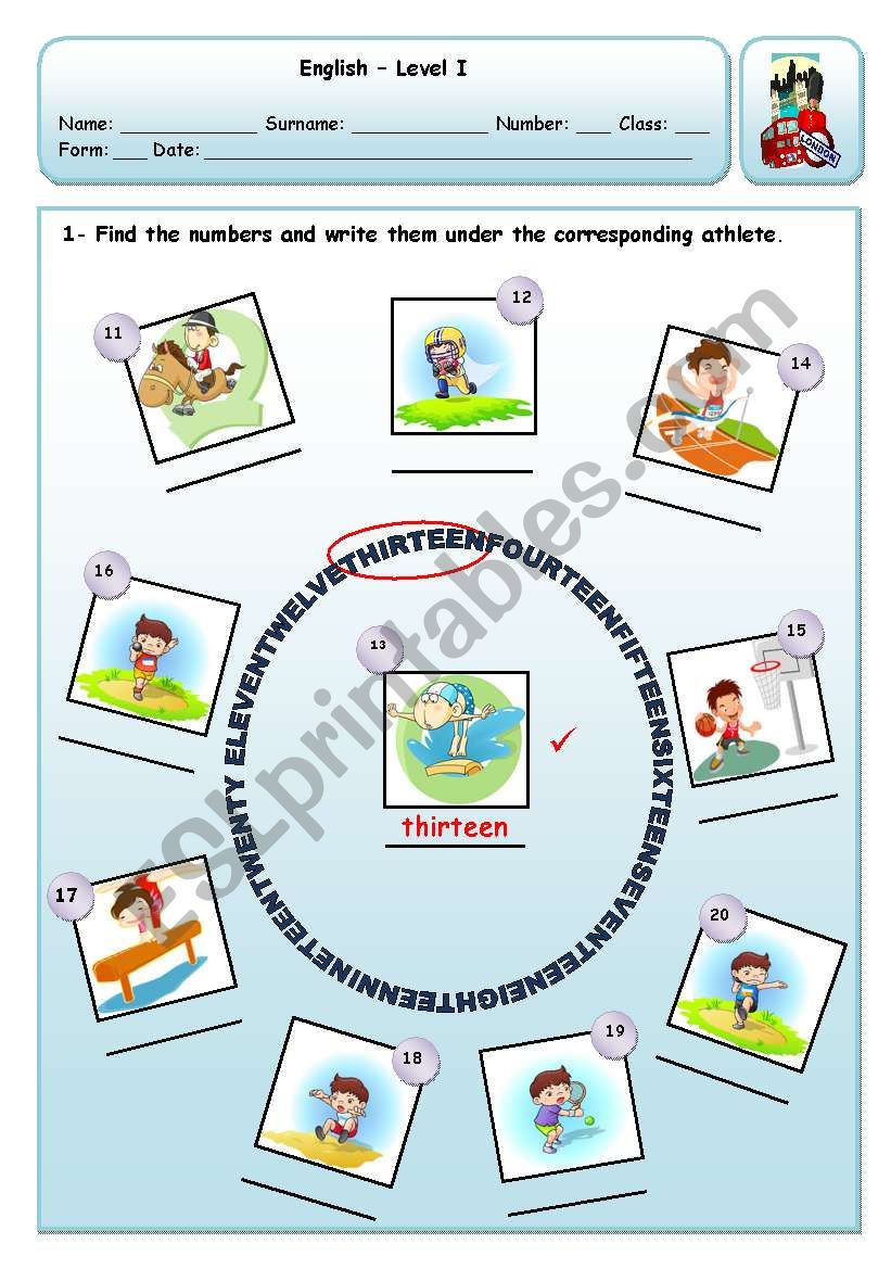 CARDINAL NUMBERS - 11 TO 20 worksheet