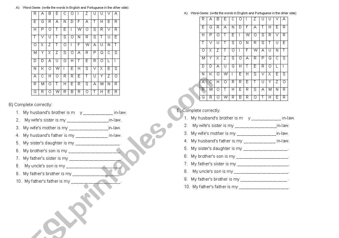 family and genitives case worksheet