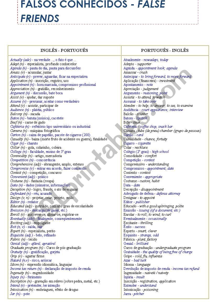 False Friends worksheet