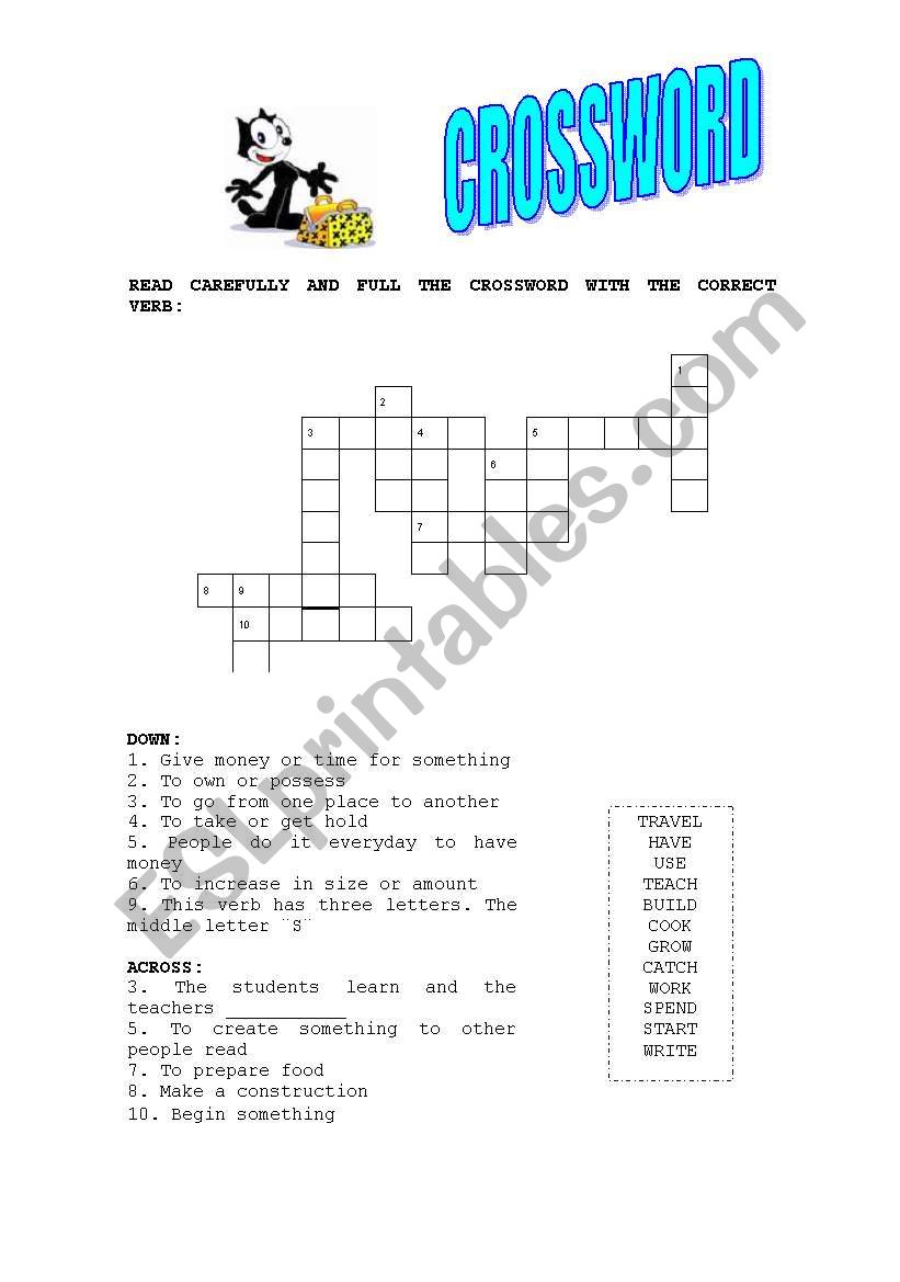 crossword about verbs worksheet