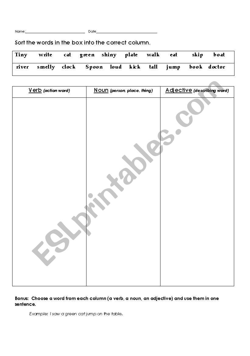 Noun/Verb/Adjective worksheet