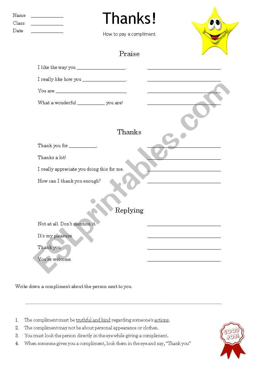 Compliment Game worksheet