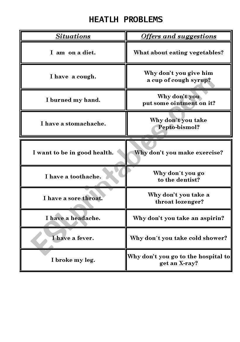 HEALTH PROBLEMS & SUGGESTIONS worksheet