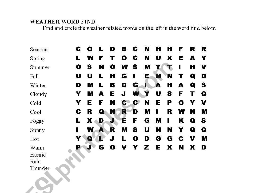 English worksheets: Weather Word Find