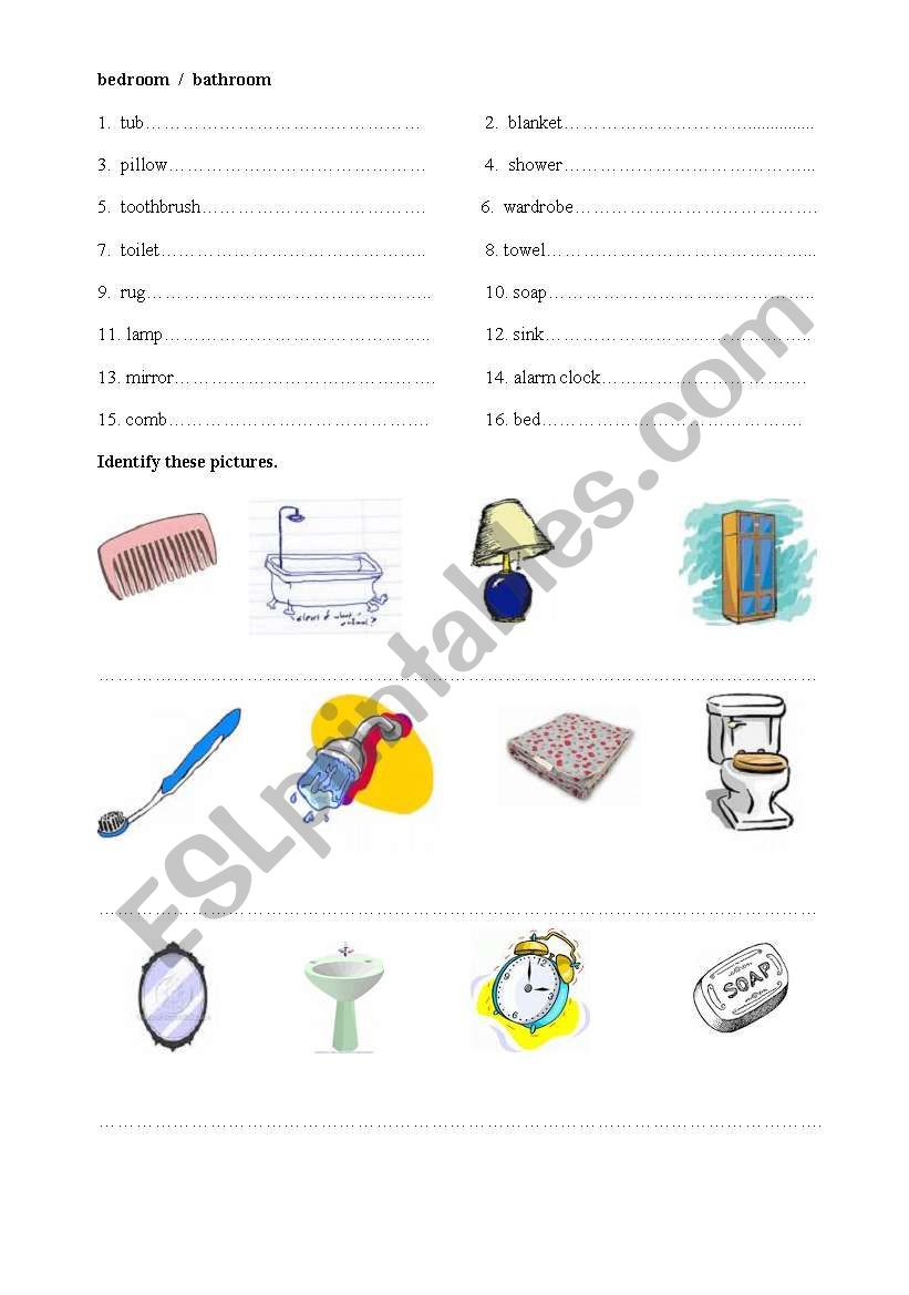 bedroom / bathroom worksheet