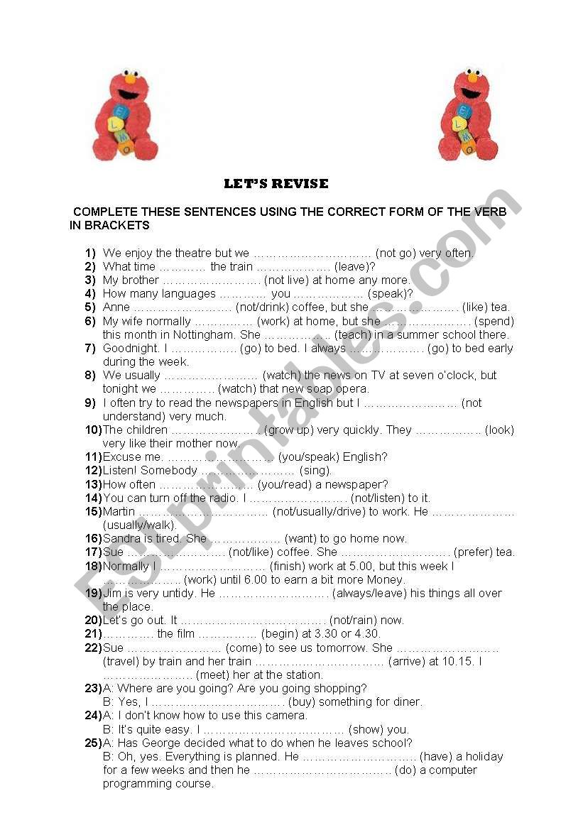 revision of tenses  worksheet