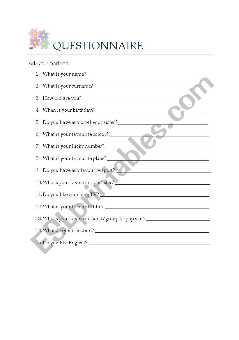 Questionnaire worksheet