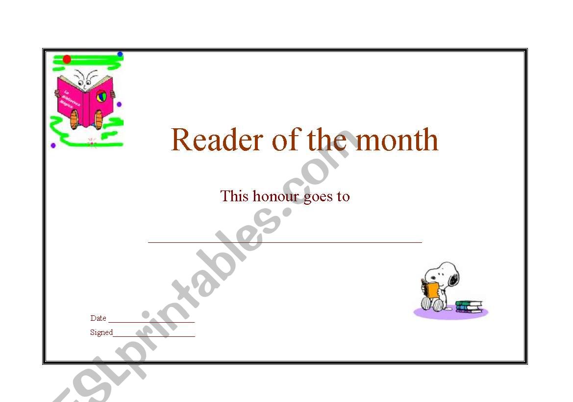 reader of the month worksheet