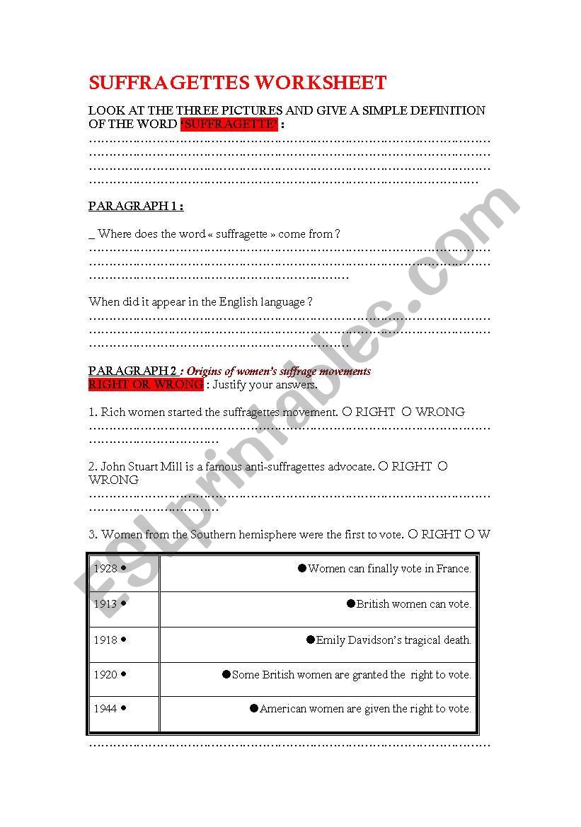 SUFFRAGETTES WORKSHEET worksheet