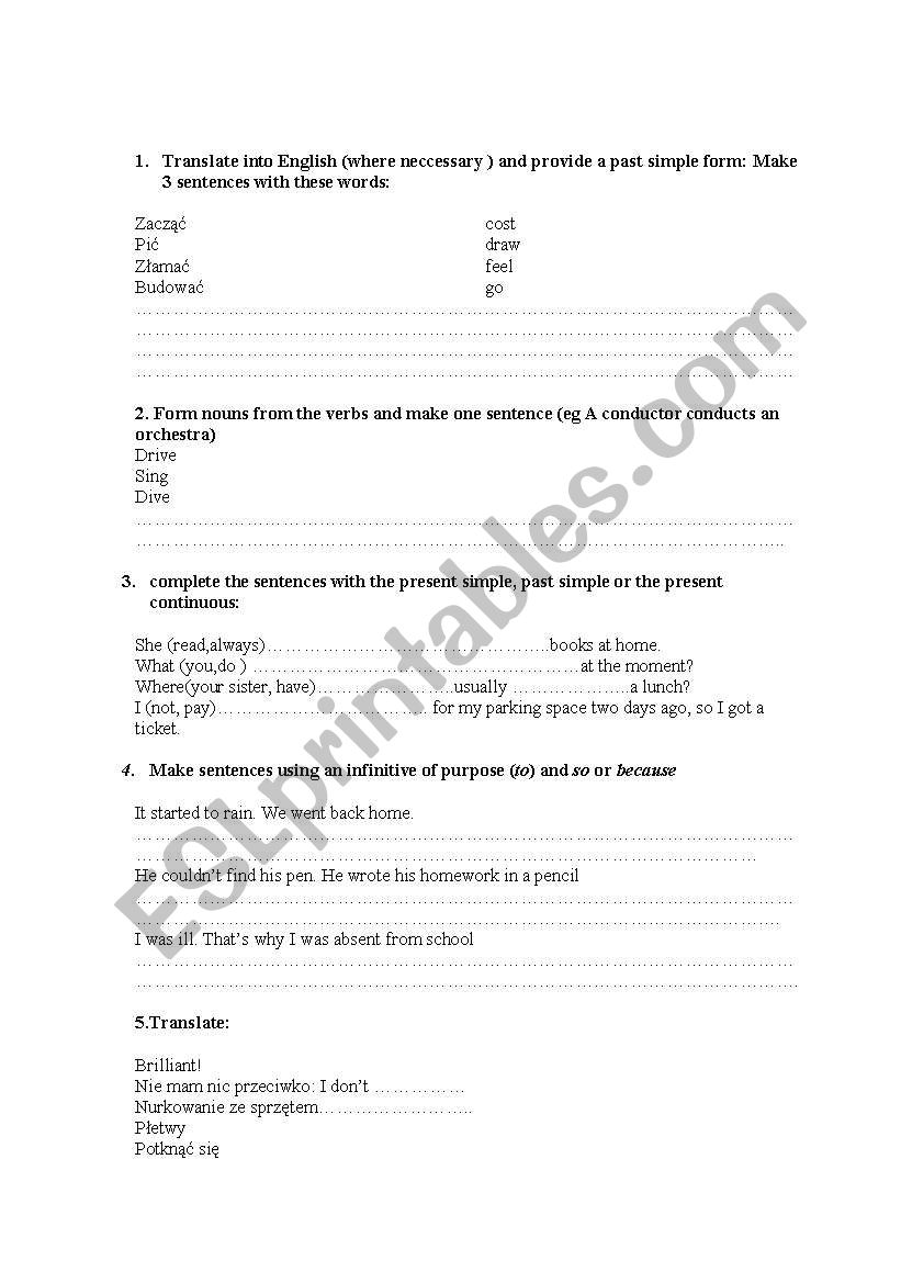 pre-intermediate test worksheet