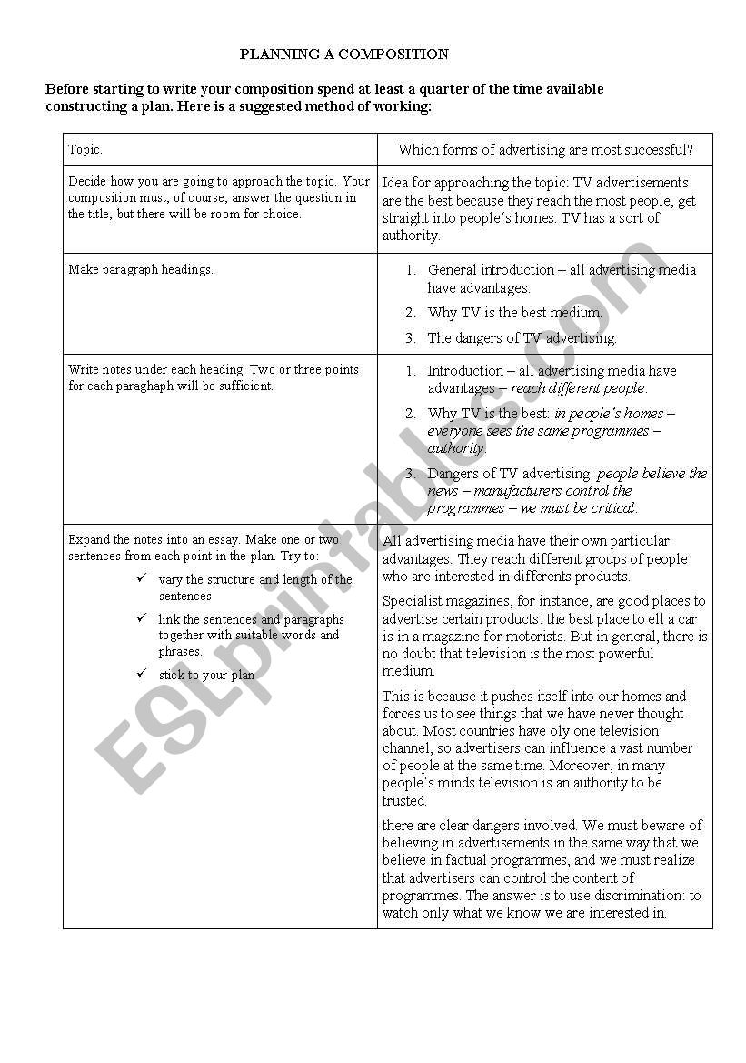 Planning a composition worksheet