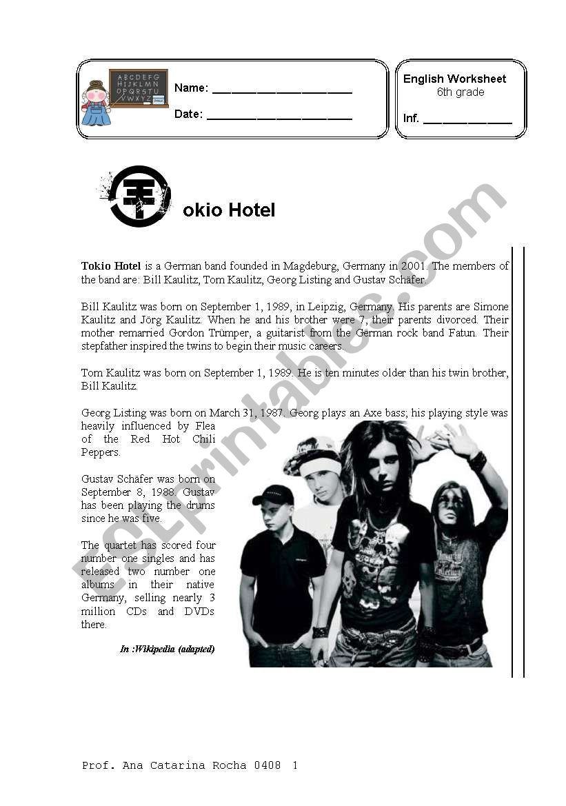 Tokio Hotel test worksheet