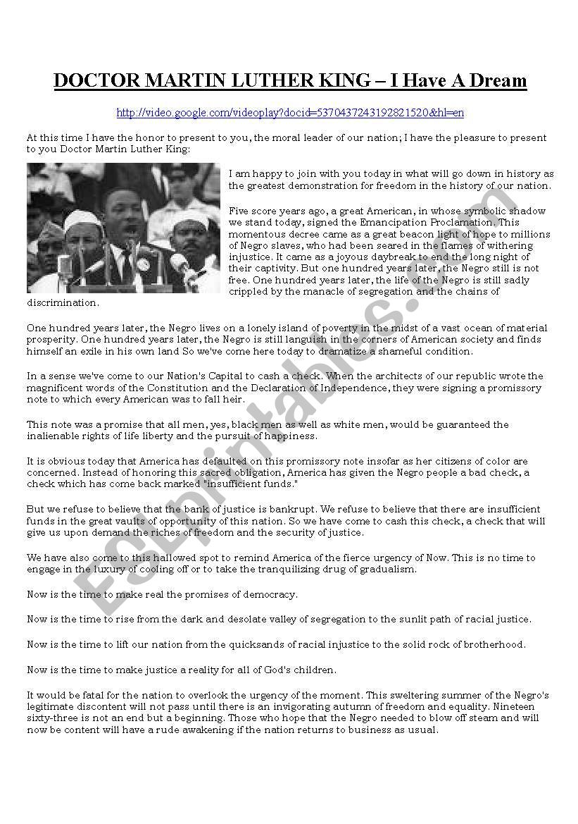 Martin Luther King I have a dream - ESL worksheet by wolfy
