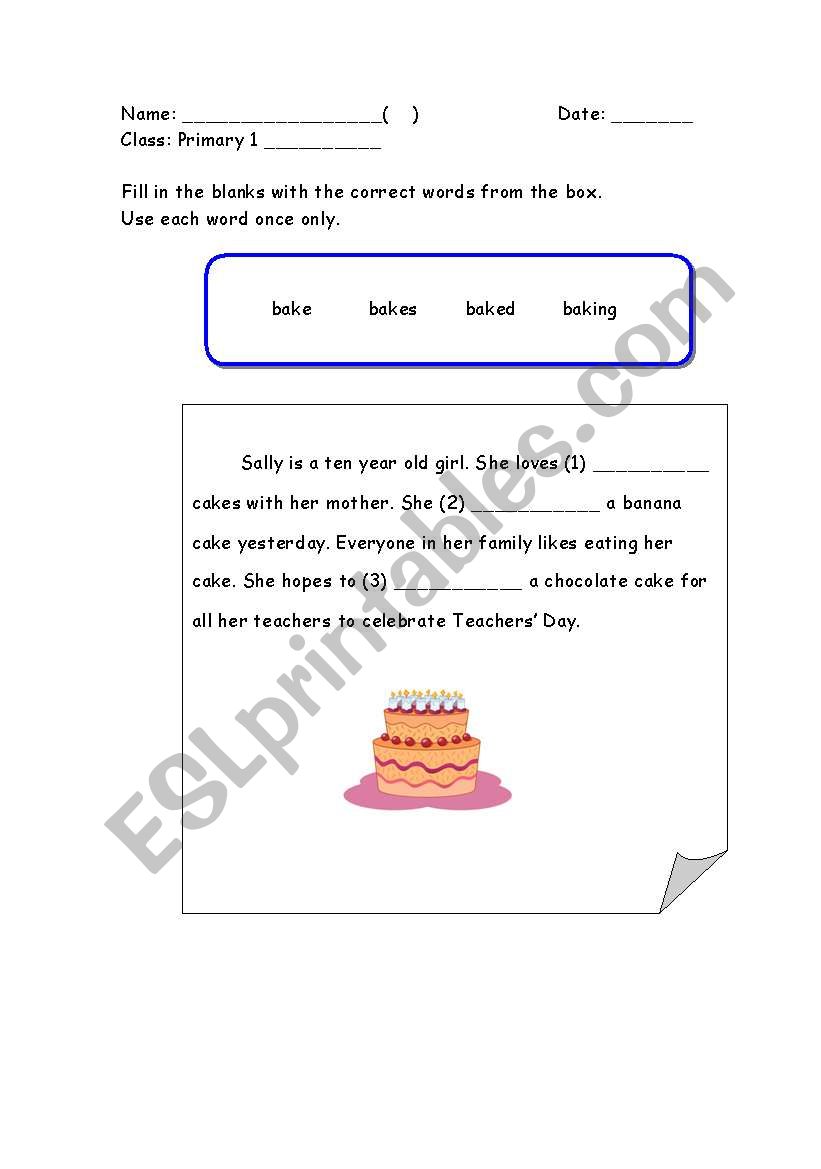 Grammar Cloze - bake worksheet